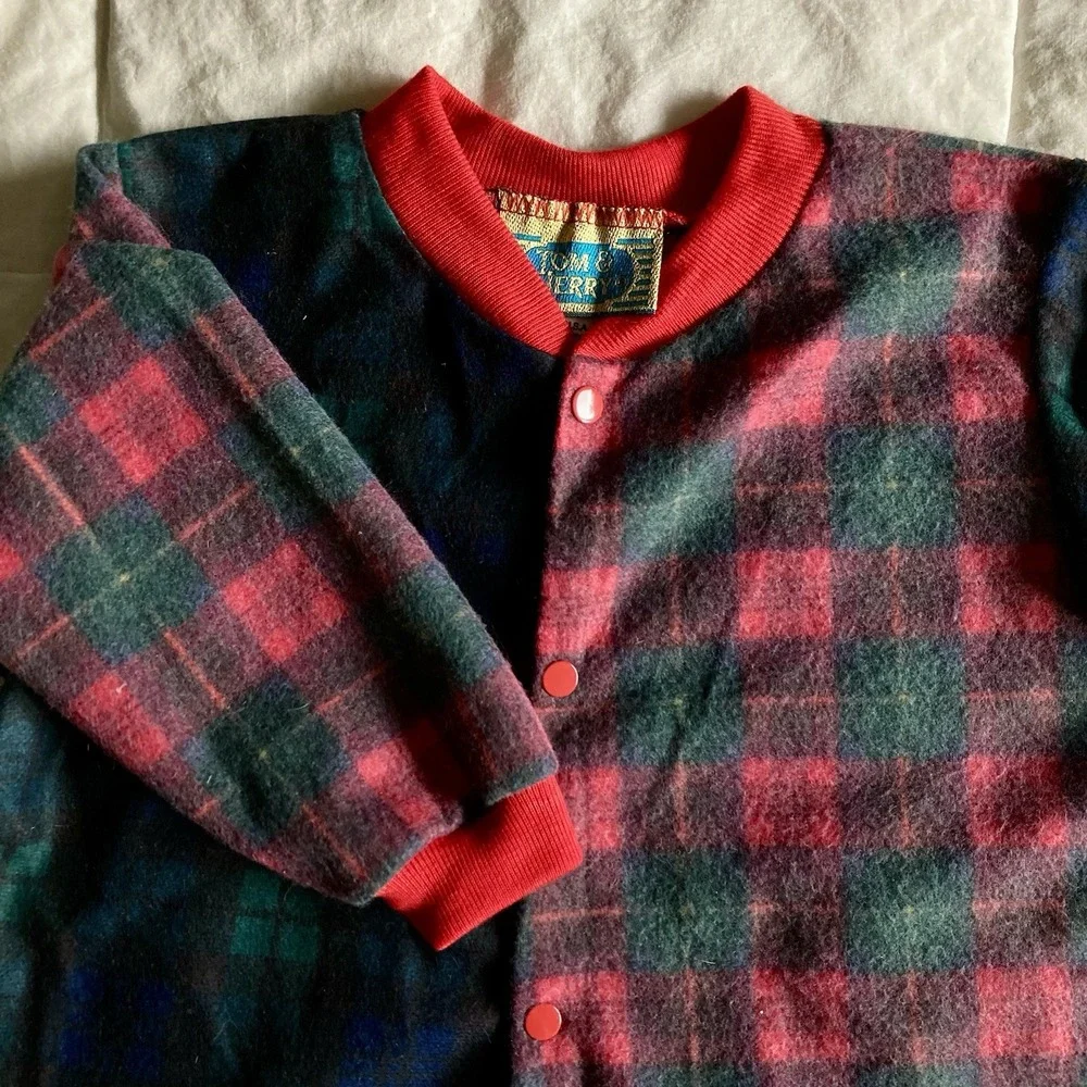 Vtg NWT Tom & Jerry Plaid Pajama Sleeper Footless Fleece Snap 18mo USA Red Green